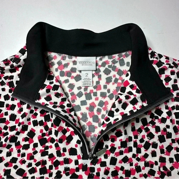 Weekends by Chico’s Woman’s Top 2 Large Black White Pink Zip Up Short Sleeve - Picture 6 of 11